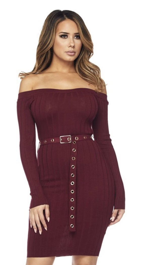 Wine Wide Rib Off Shoulder Dress - Everything Girls Like Boutique
